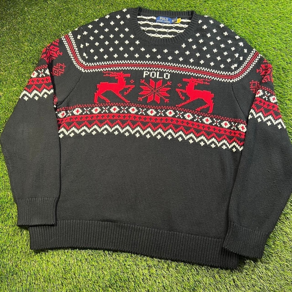 Polo Ralph Lauren XXL Fair Isle Reindeer Ski Sweater Black & Red Holiday